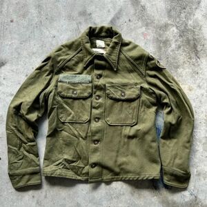 Vintage 50s Military Olive Green Field Wool Button Shirt Size Small Pershing